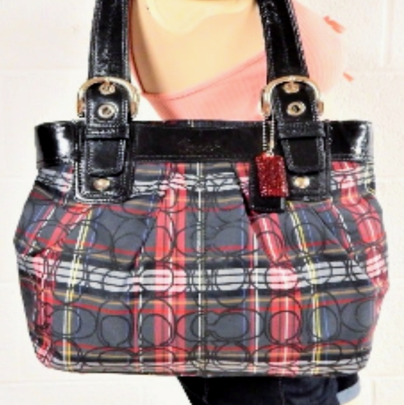 Coach Tartan Plaid Nylon Canvas Pat Leather Shoulder Bag Black Red Gray Satchel - Picture 1 of 12